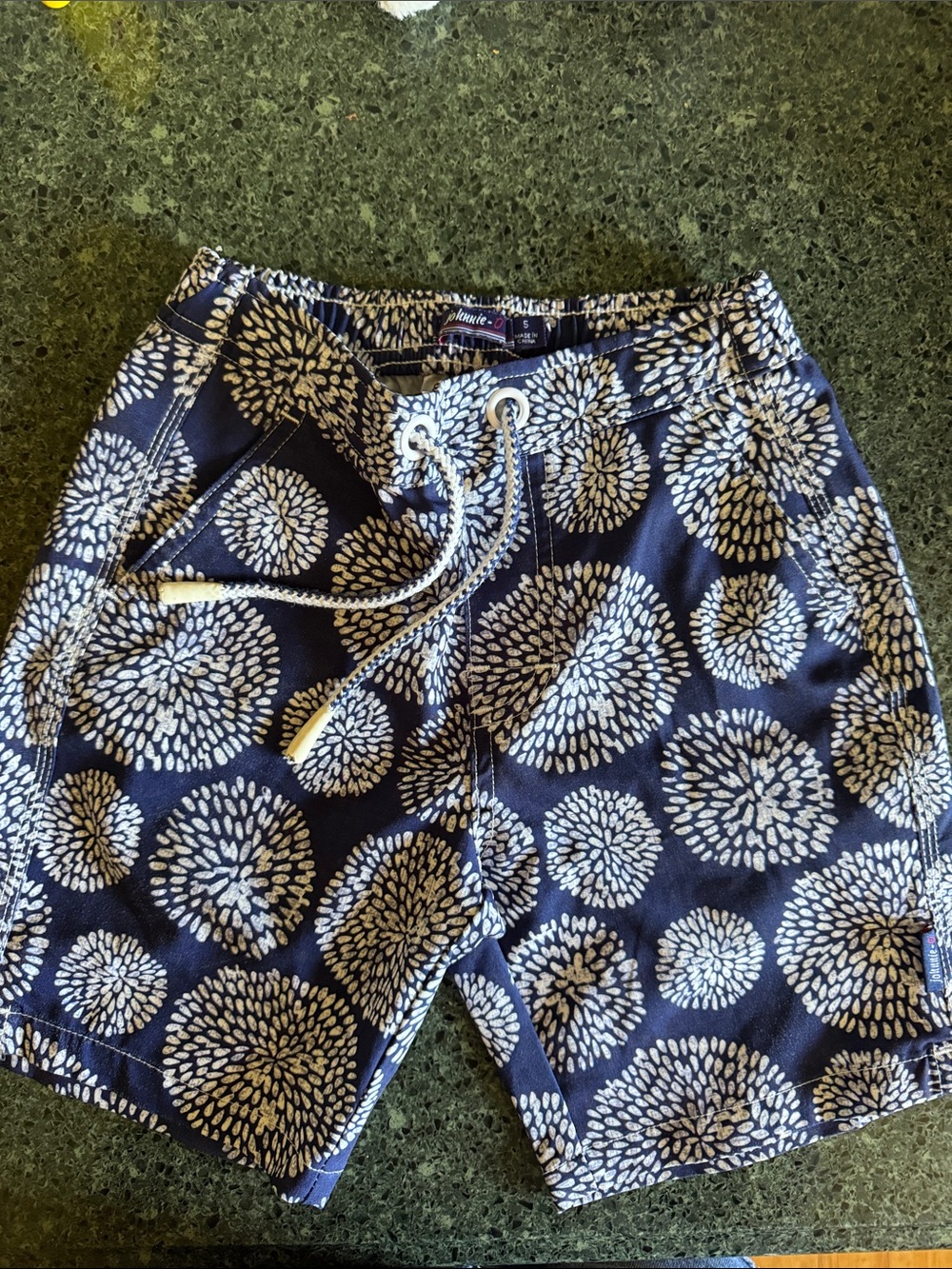 johnnie-O Navy and Cream Floral Dot Kids Swim Trunks